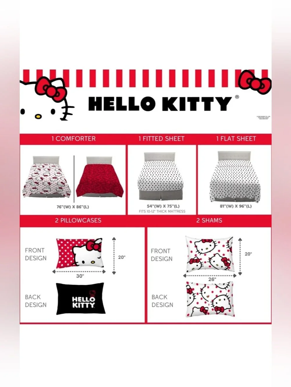 Hello Kitty Polka Dot 7 Piece Super Soft Comforter and Sheet Set Full Reversible